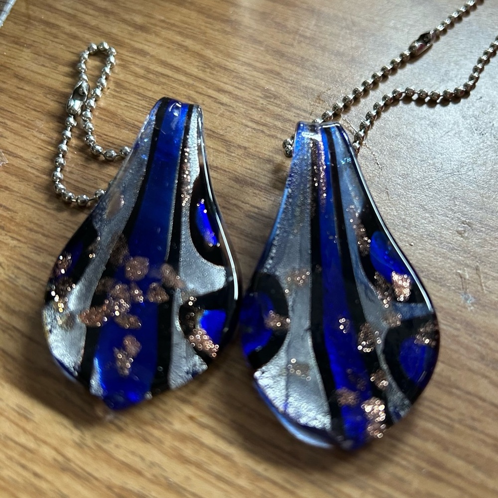 Set of 2 glass fan pulls blue, silver, gold,